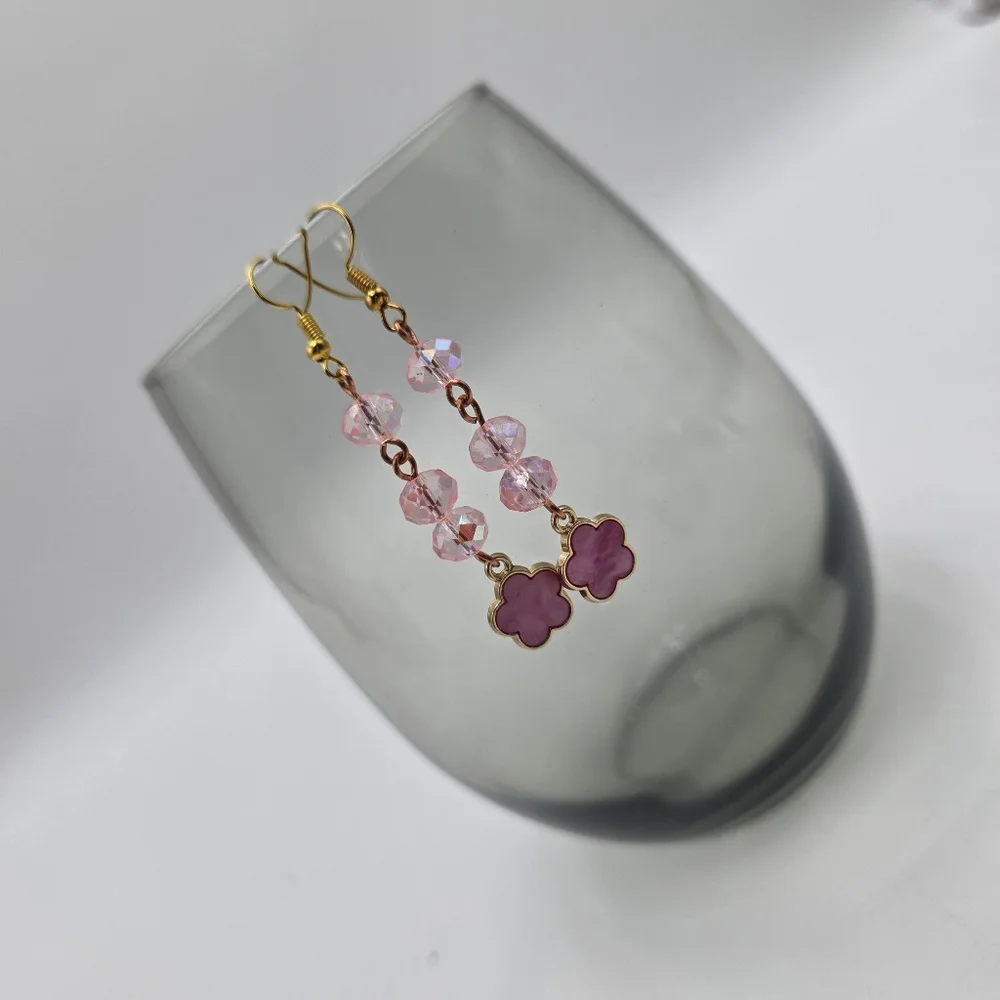 Pink Crystal Flower Dangle Earrings – Gold Hook Handmade Beaded Jewelry - Picture 3 of 5